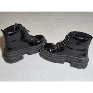 Black Patent Leather Chunky Lug Sole Combat Boots Womens Ankle Platform